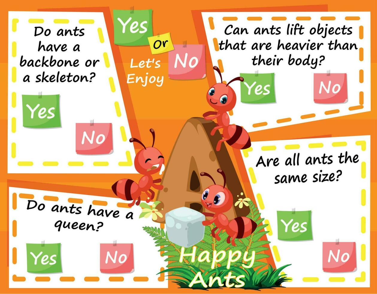 Arbeitsblatt zum Logik Kinder Aufgabe und Antworten Fragen Ameisen. es ist ein ja oder Nein Spiel. lernen Über Kinder Bildung Aktivitäten. Kinder lernen und abspielen Gehirn Spiele. vektor