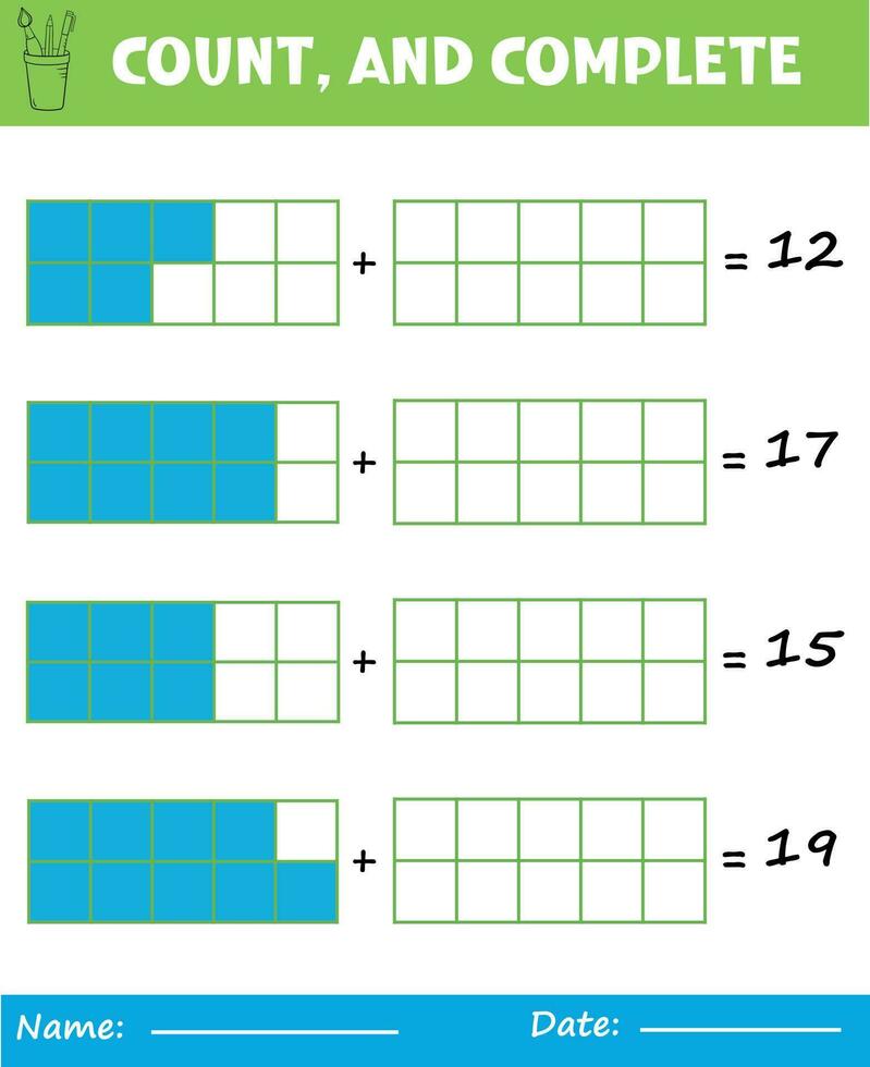 matematik kalkylblad för logisk tänkande, räkna och komplett till tjugo, tryckbar matematik kalkylblad för dagis, jord dag färg vektor