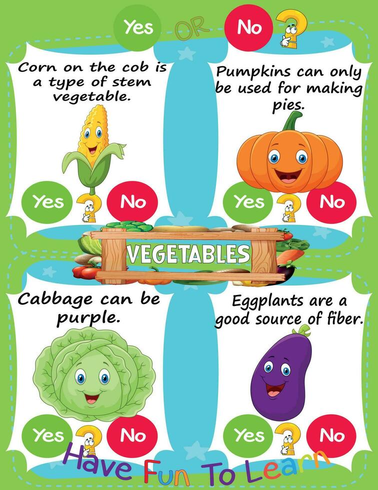kalkylblad för logik barn uppgift och svar frågor grönsaker friska mat dess en ja eller Nej spel. lära sig handla om ungar' utbildning aktiviteter. barn lära sig och spela hjärna spel. vektor