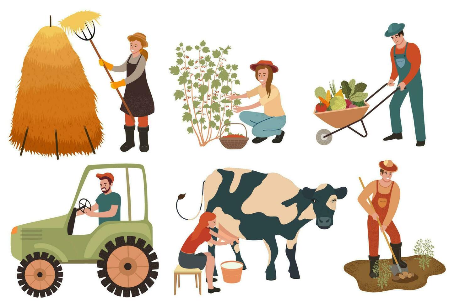 landwirtschaftlich Arbeitskräfte. Bauern tun landwirtschaftlich arbeiten, Pflanzen und Versammlung Getreide. Frau Milch ein Kuh und pflücken Beeren. Karikatur Zeichen tun Landwirtschaft Arbeit. Vektor Illustration