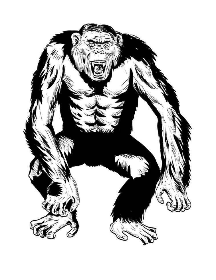 wütend aggressiv Schimpanse im Kampf Haltung Vorderseite Aussicht Comics Stil Zeichnung vektor