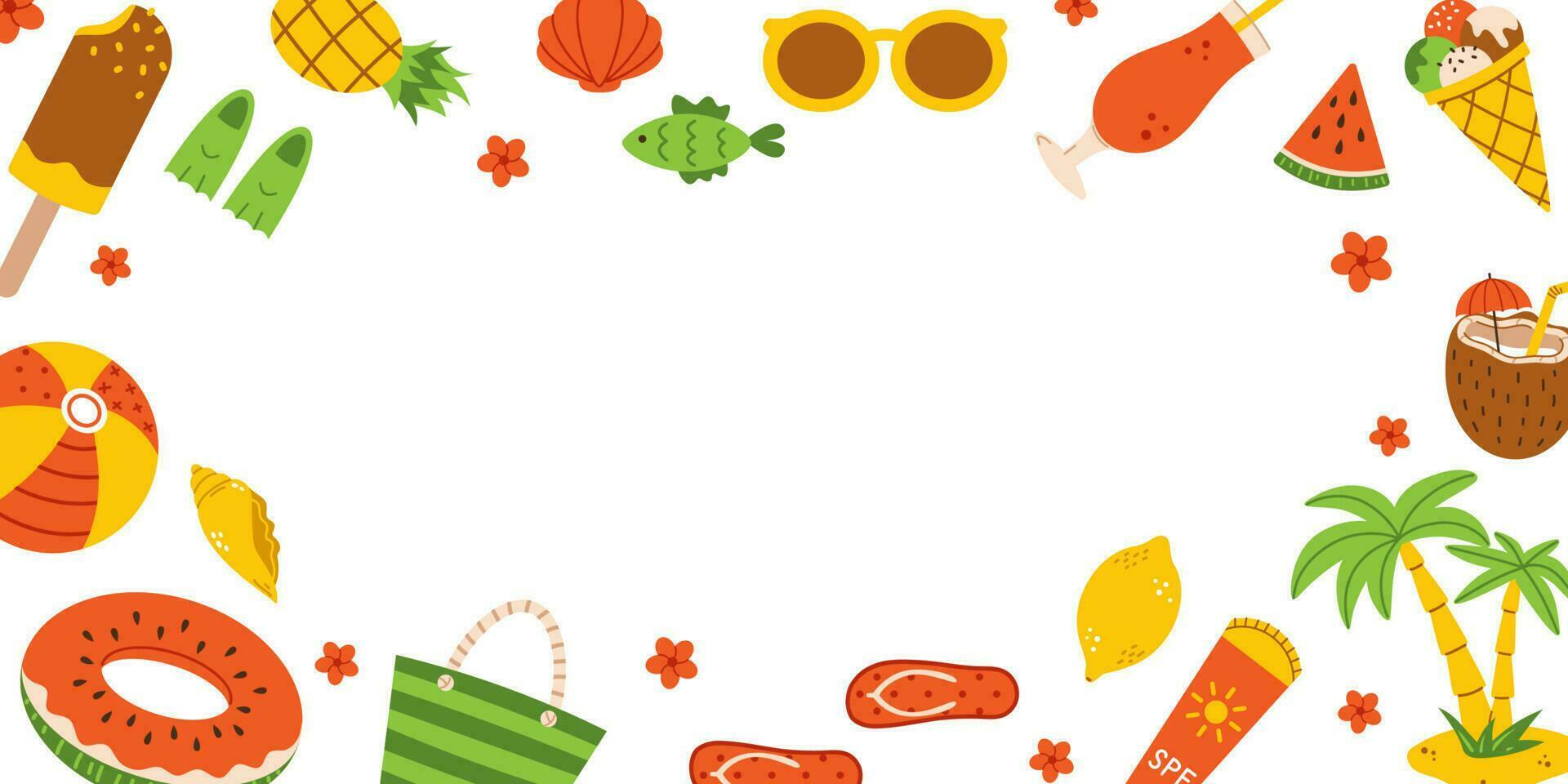 vektor sommar ram med kopia Plats. bakgrund med handflatan träd, is grädde, solglasögon, citron, cocktail, kokos, vattenmelon. Lycklig tropisk illustration för strand fest. sommar mall för text.