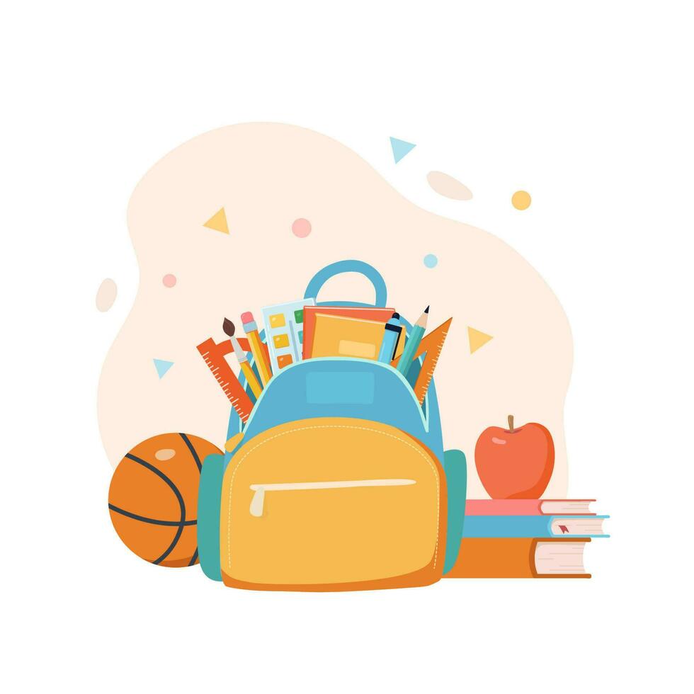 Schule Rucksack mit Bildung Artikel. stationär, Bücher, Ball und Apfel. Karikatur eben Vektor Illustration