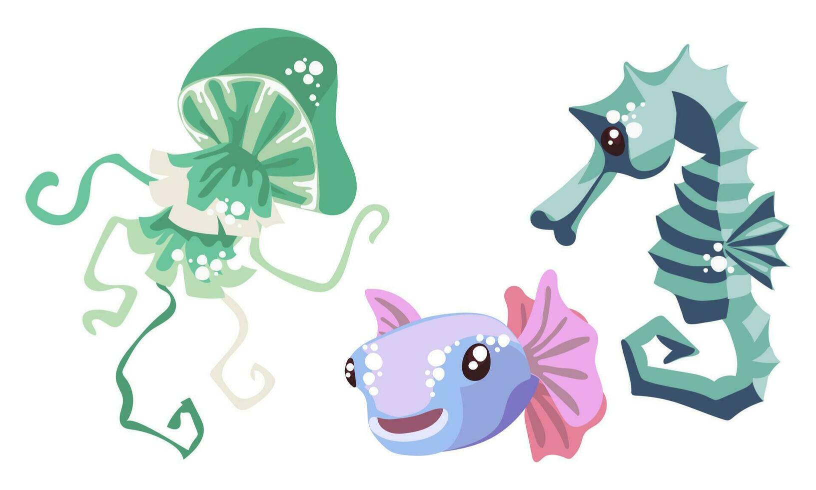 Mini einstellen mit Qualle, Fisch, Seepferdchen. süß abstrakt Tiere im Blau, Rosa und Grün Töne schwimmen im Isolierung auf ein Weiß Hintergrund. Sammlung von Aufkleber auf das Thema von Marine Tiere vektor