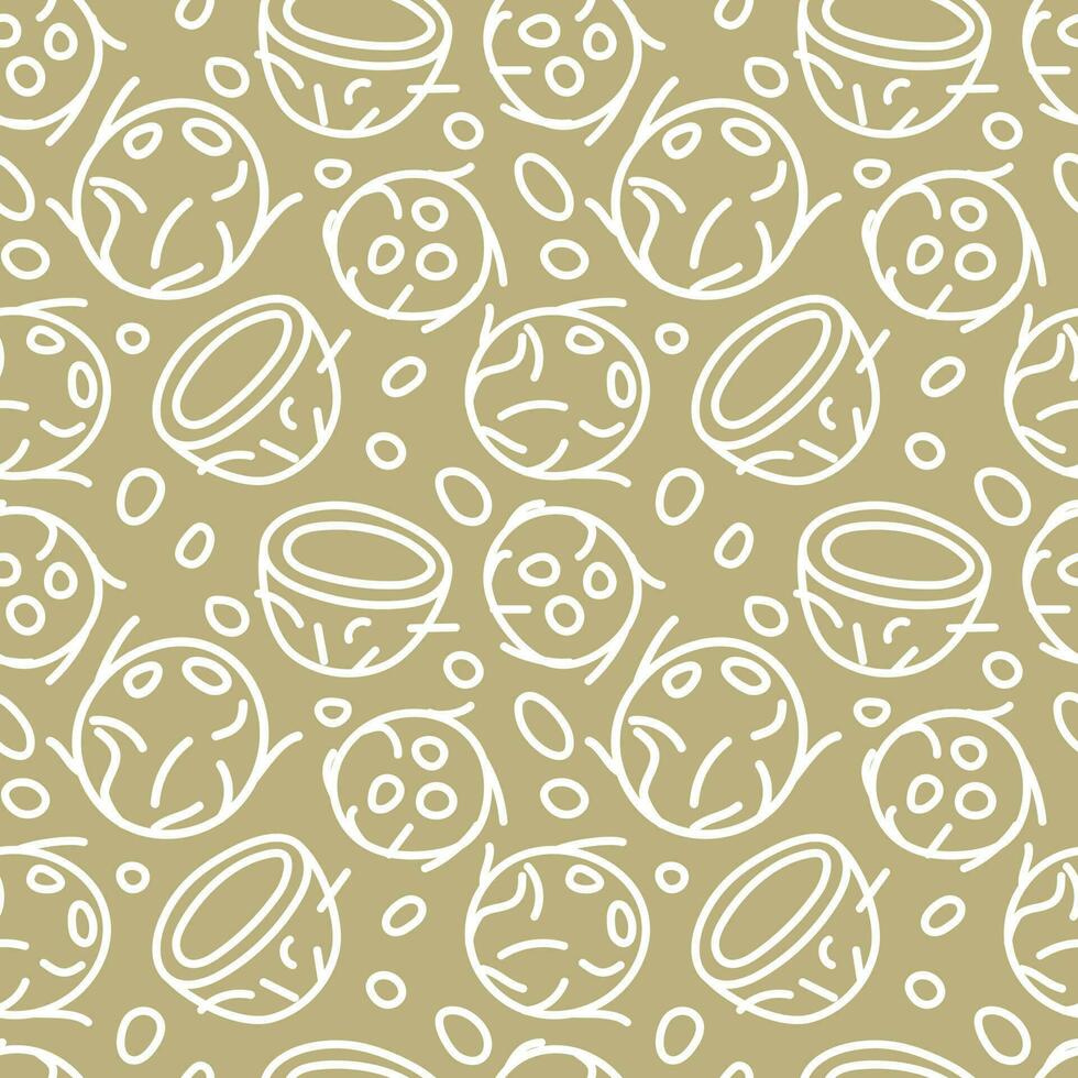 en mönster med kontur skisser av en tecknad serie kokos. de symbol är en kokos klotter på en beige bakgrund i en sektion och hela utskrift på textilier och papper bakgrund för vegetabiliska mjölk förpackning vektor
