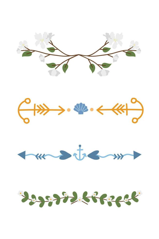 Blumen- Ornamente, Rahmen, Teiler, Grenzen, Frames und Linien. zum Einladungen, Banner, Poster, Plakate, Abzeichen. Vektor isoliert Illustration.