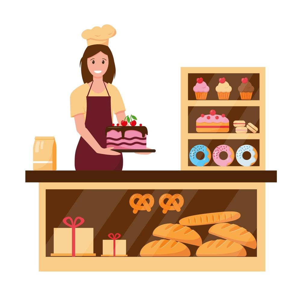 Bäckerin im Bäckereigeschäft mit Kuchen und Brot vektor