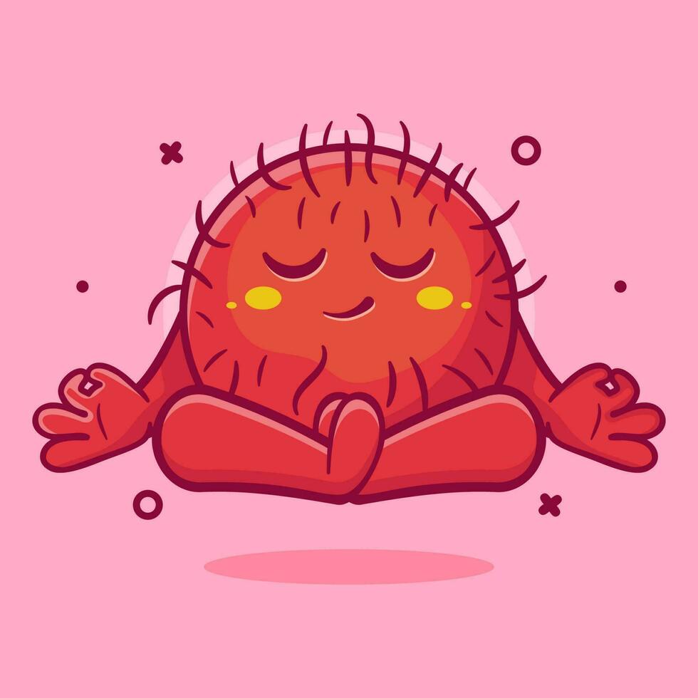 Ruhe Rambutan Obst Charakter Maskottchen mit Yoga Meditation Pose isoliert Karikatur im eben Stil Design vektor