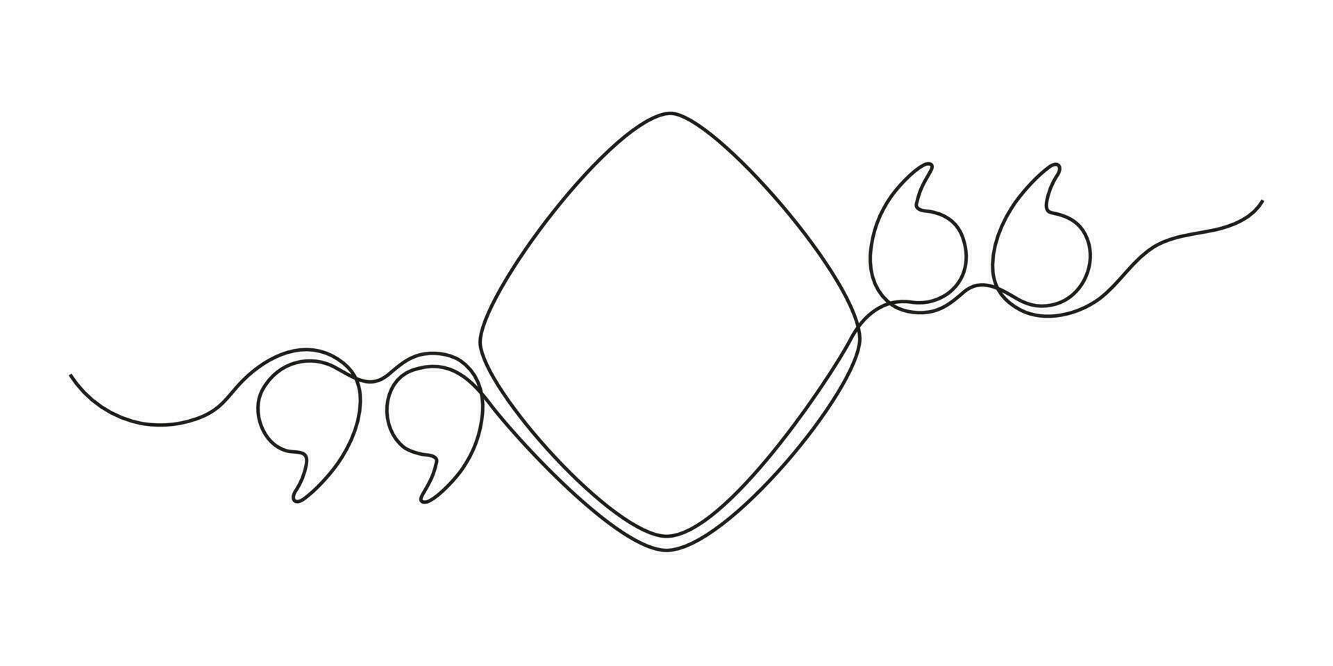 Citat kontinuerlig linje i romb Tal bubbla med kommatecken, citat mark i prata, enda teckning. Citat märke, freehand ett linje hand dragen stil. vektor