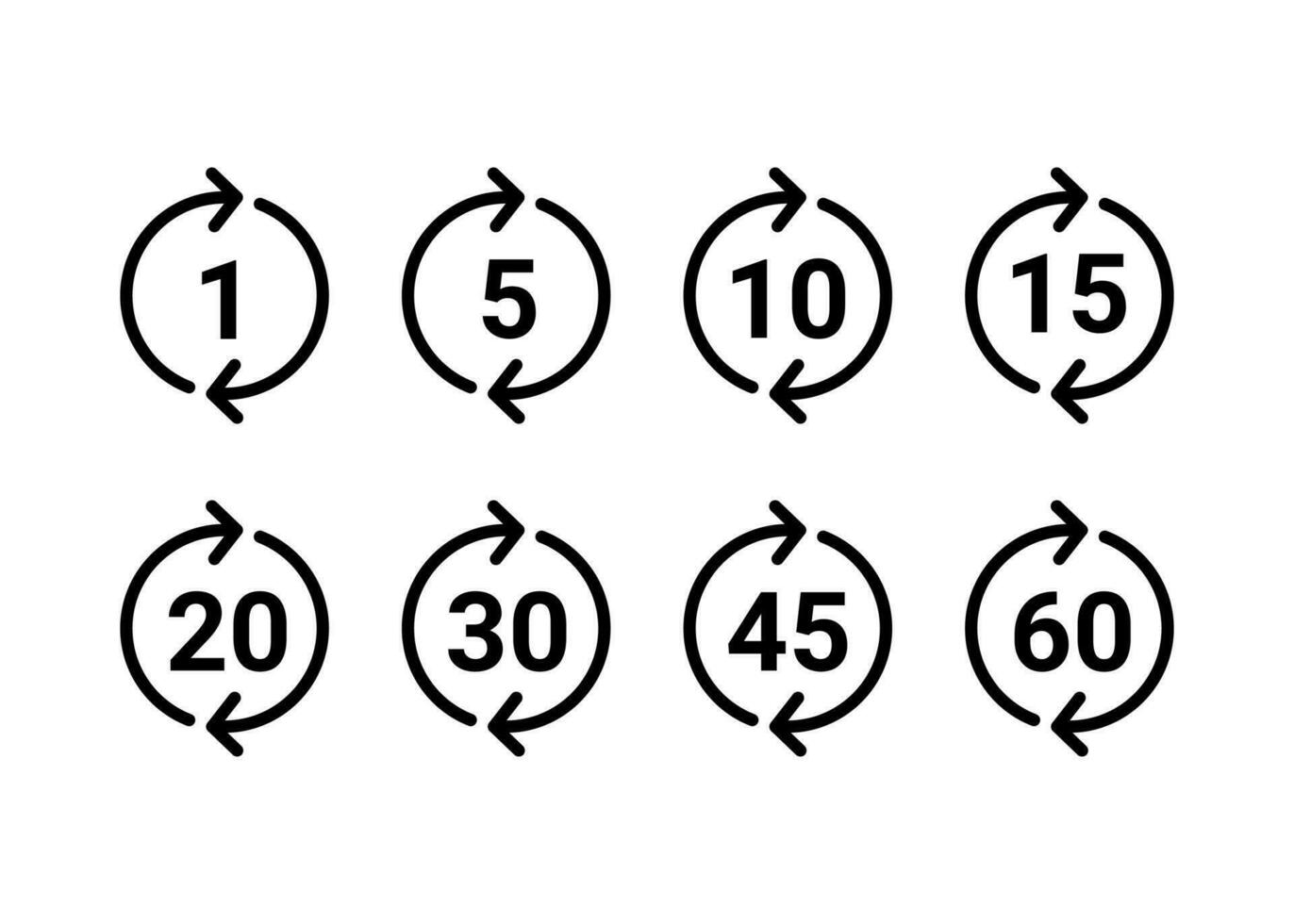 tid och klocka, nedräkning timer av cirkel pil med siffra ikon uppsättning. tecken ett minut, fem, tio, femton eller Mer minuter. cirkulär slinga pekar på deadline eller matlagning tid. vektor illustration