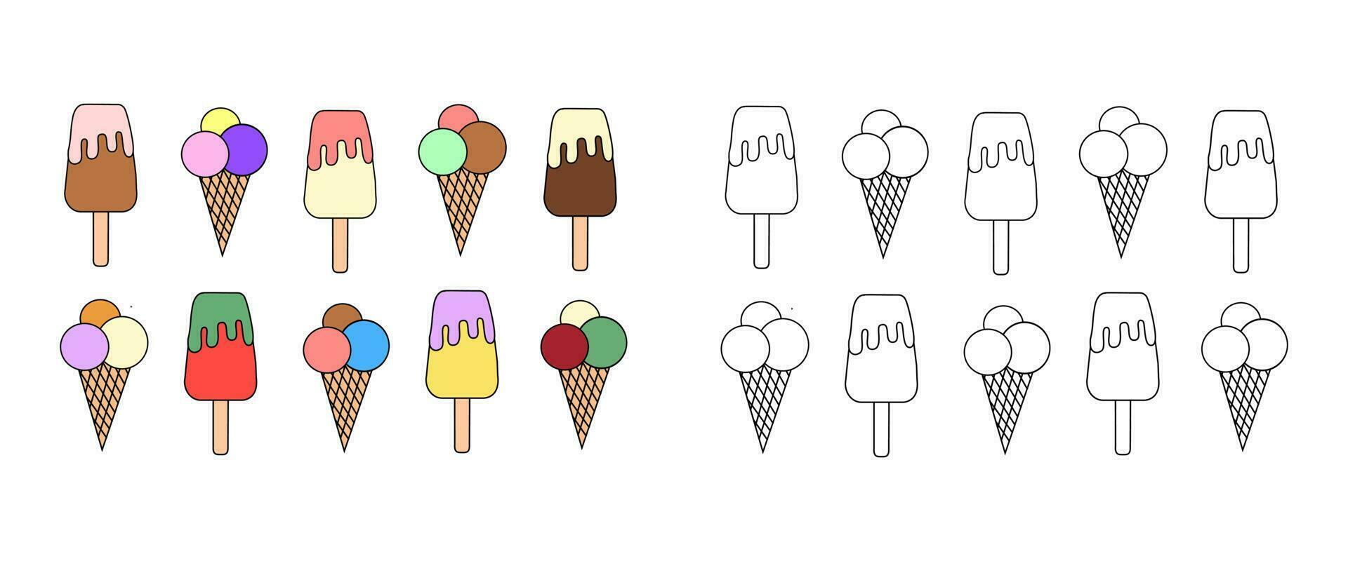 vektor illustration färg bok - uppsättning av annorlunda smaker is grädde isglass och kon. ett översikt svart och vit teckning och en Färg version för ett exempel