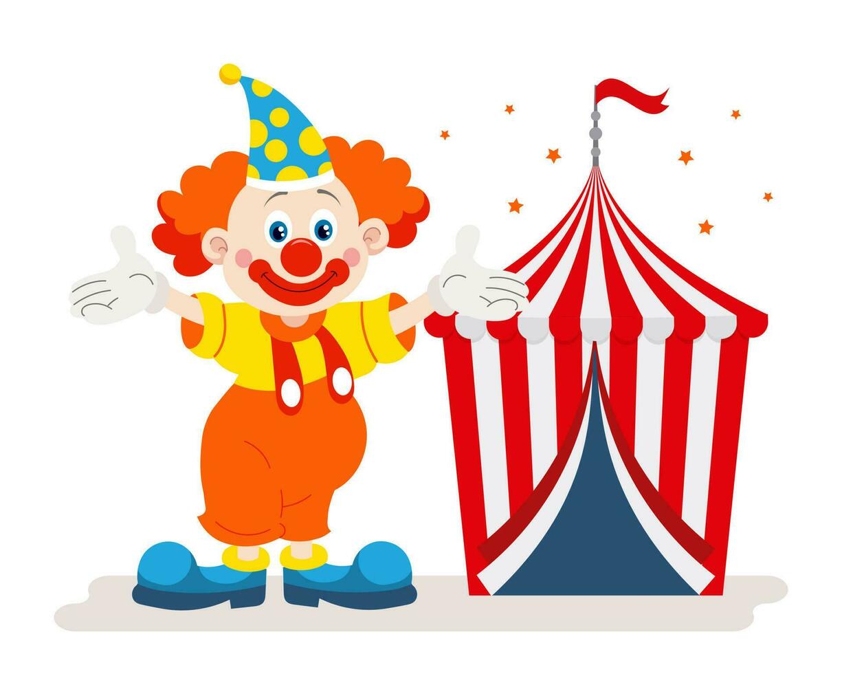 glad clown inviterar till de cirkus. söt clown och cirkus stor topp. färgrik tecknad serie illustration, vektor