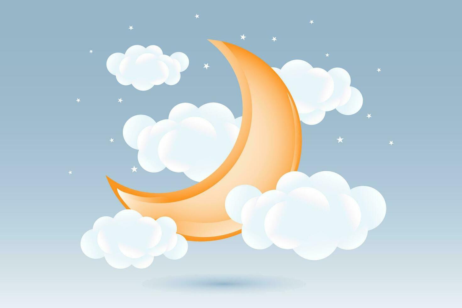 3d bebis dusch, växande måne med moln på en mjuk blå bakgrund, barnslig design i pastell färger. bakgrund, illustration, vektor