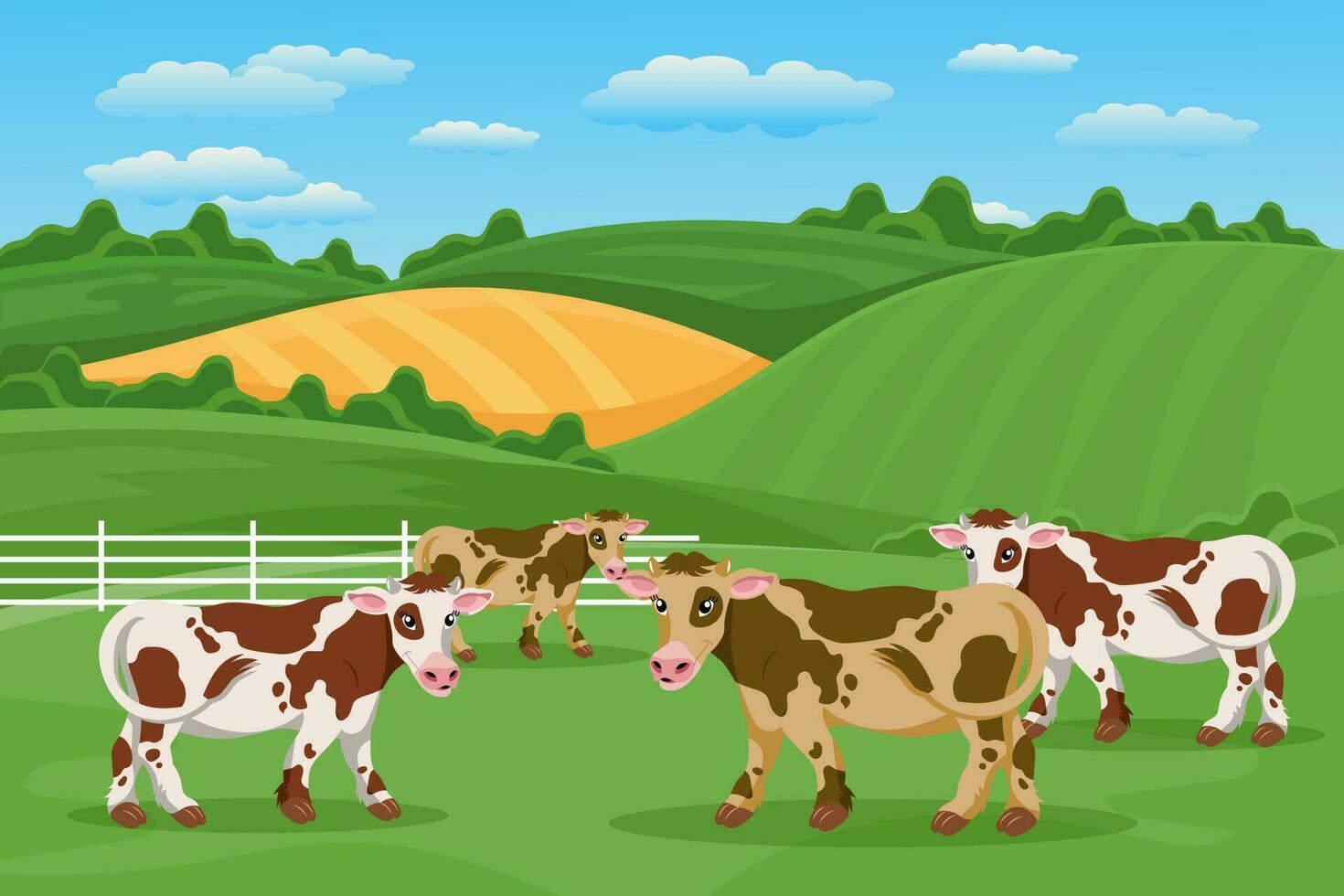 süß entdeckt Kühe im das Weide, Sommer- Landschaft. ein Herde von Kühe ist Weiden lassen im das Wiese. Poster, Banner, Illustration, Vektor