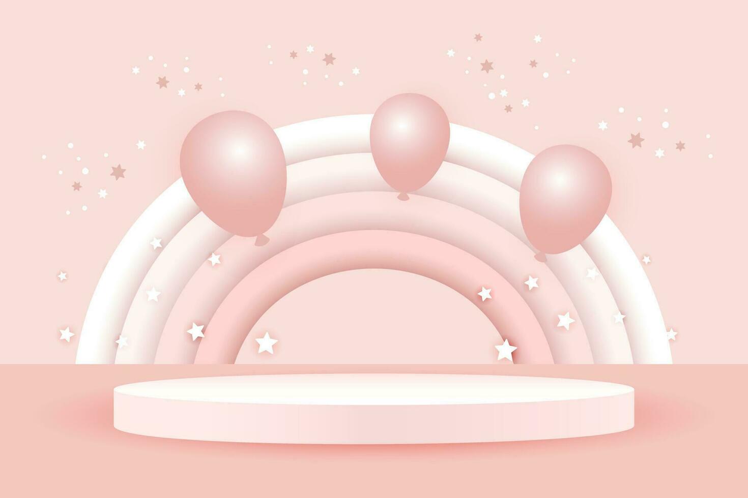 3d bebis dusch, regnbåge och podium med ballonger och stjärnor på en blek rosa bakgrund, barnslig design i pastell färger. bakgrund, illustration, vektor. vektor