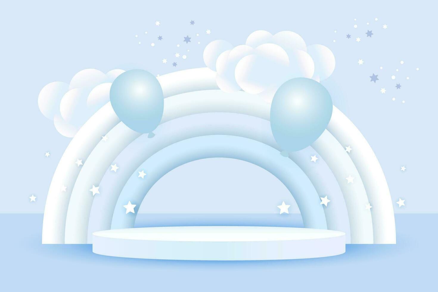 3d Baby Dusche, Regenbogen mit Wolken, Luftballons und Sterne auf ein blass Blau Hintergrund, kindisch Design im Pastell- Farben. Hintergrund, Illustration, Vektor