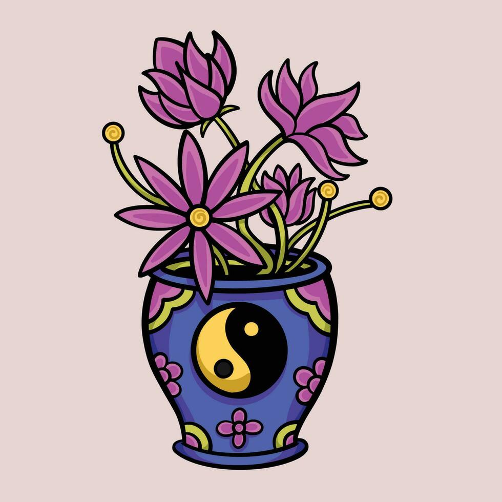 Blume Vase Yin Yang tätowieren Karikatur vektor