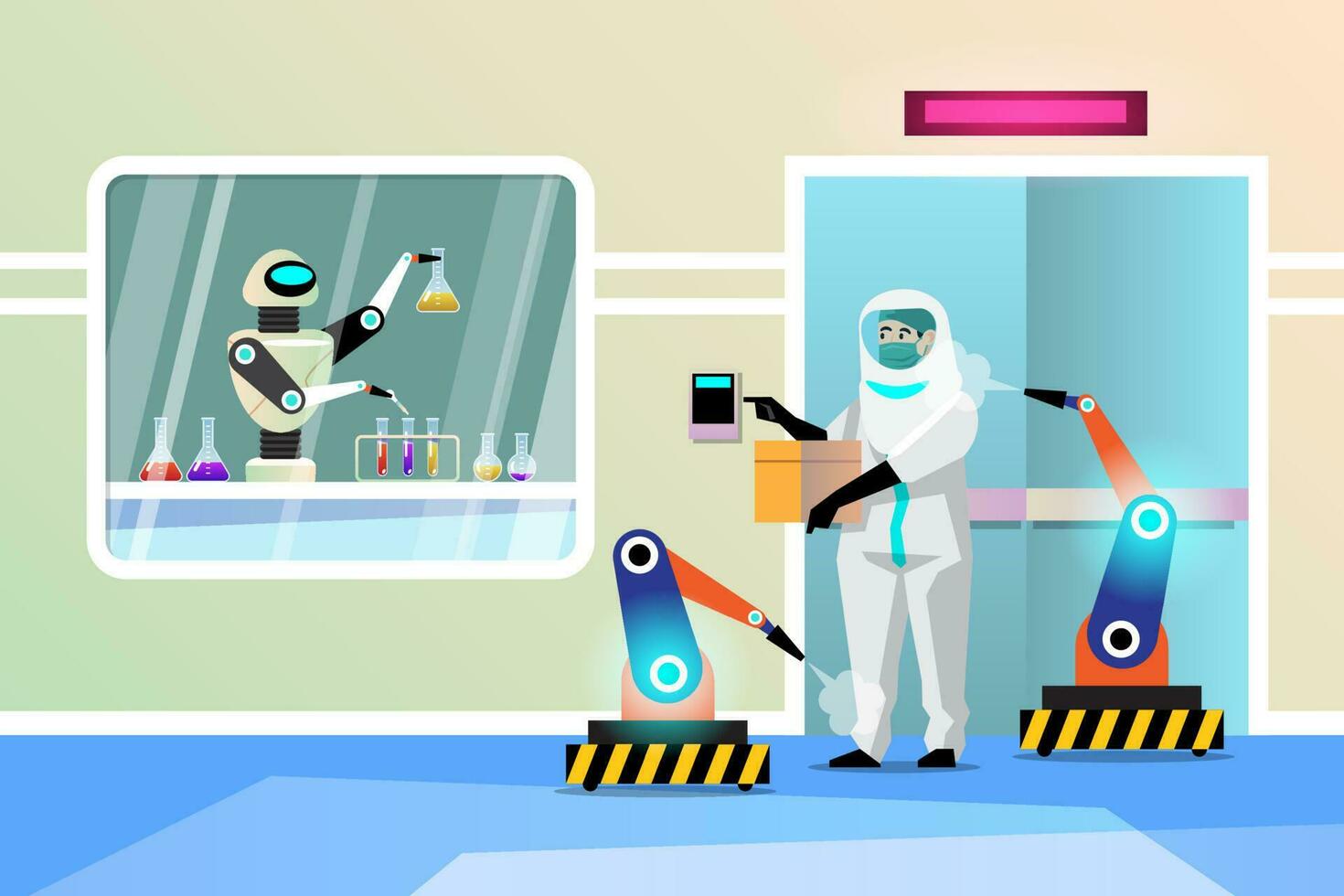 das Roboter funktioniert im ein Desinfektion Zimmer Mischen tötlich Chemikalien. verhindern Gefahren Das werden auftreten zu Menschen. medizinisch Technologie. vektor