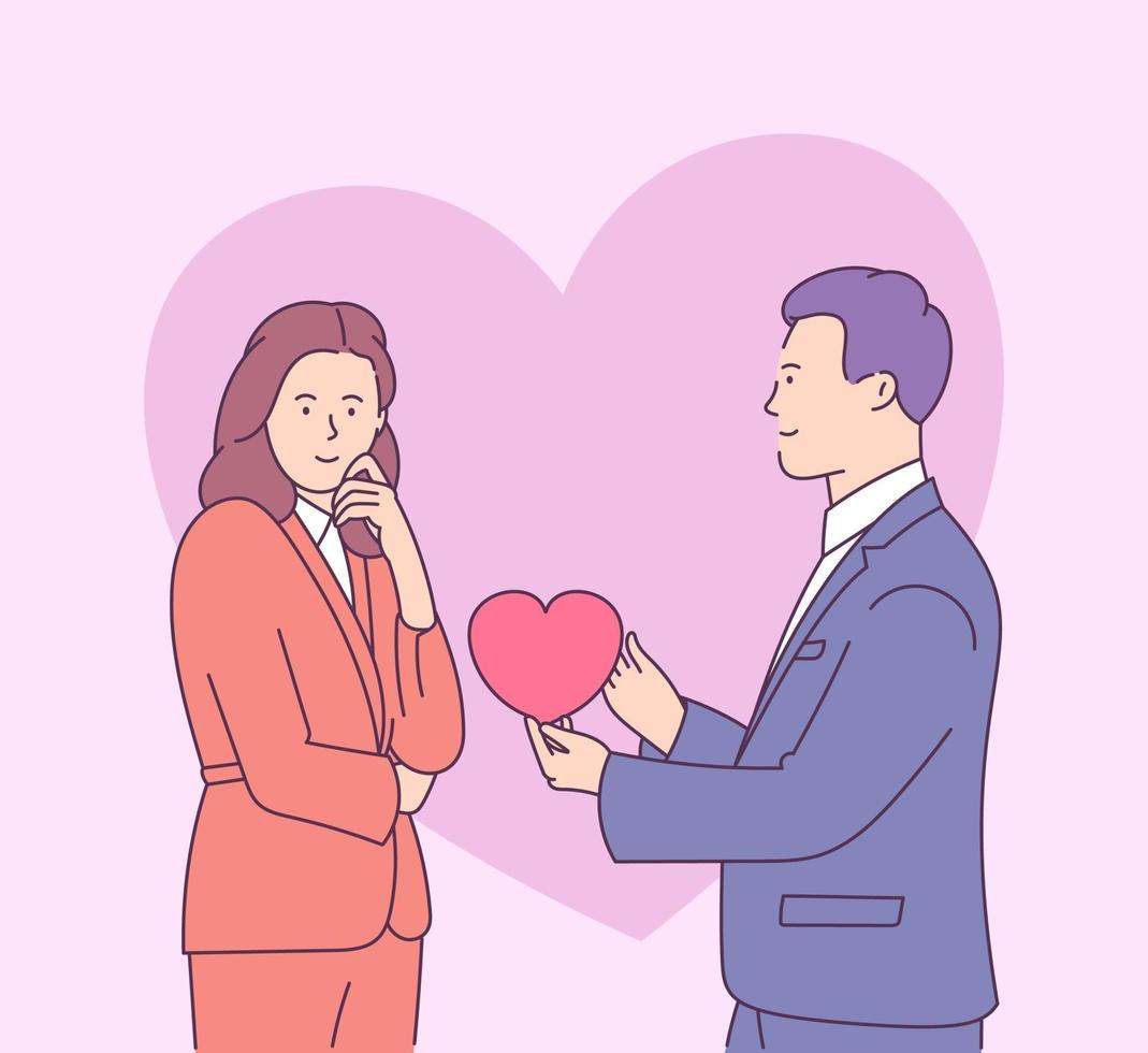 Valentinstag Vektor-Illustration mit jungen Paar in der Liebe. junger Mann gibt herzförmige Karte zur lächelnden Frau. vektor