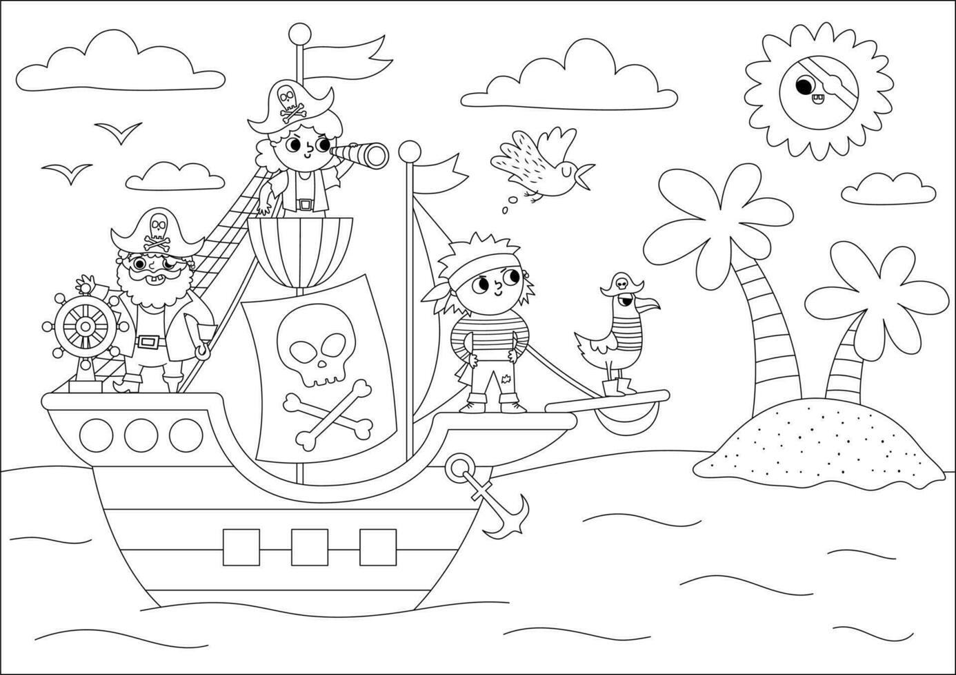 Vektor schwarz und Weiß Pirat Schiff Szene. Linie Raider Schiff mit Piraten Segeln zu das Schatz Insel mit Palme Bäume. Schatz jagen Illustration mit Meer, Sonne, Ufer. Meer Landschaft, Färbung Seite