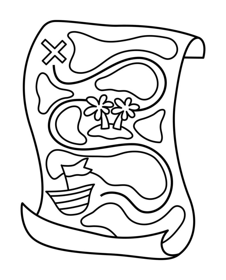 Vektor schwarz und Weiß Schatz Insel Karte Symbol. Gliederung Pirat planen Illustration. Linie Juwel jagen leiten oder Färbung Buchseite. alt Meer Route Papier isoliert auf Weiß Hintergrund.