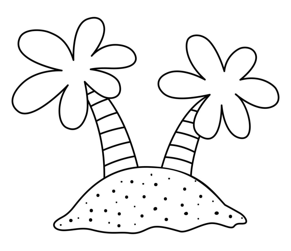 Vektor schwarz und Weiß tropisch Insel Symbol. süß Meer Linie Insel mit Sand und Palme Bäume Illustration. Schatz Insel Gliederung Bild. komisch Pirat Party Element oder Färbung Seite zum Kinder