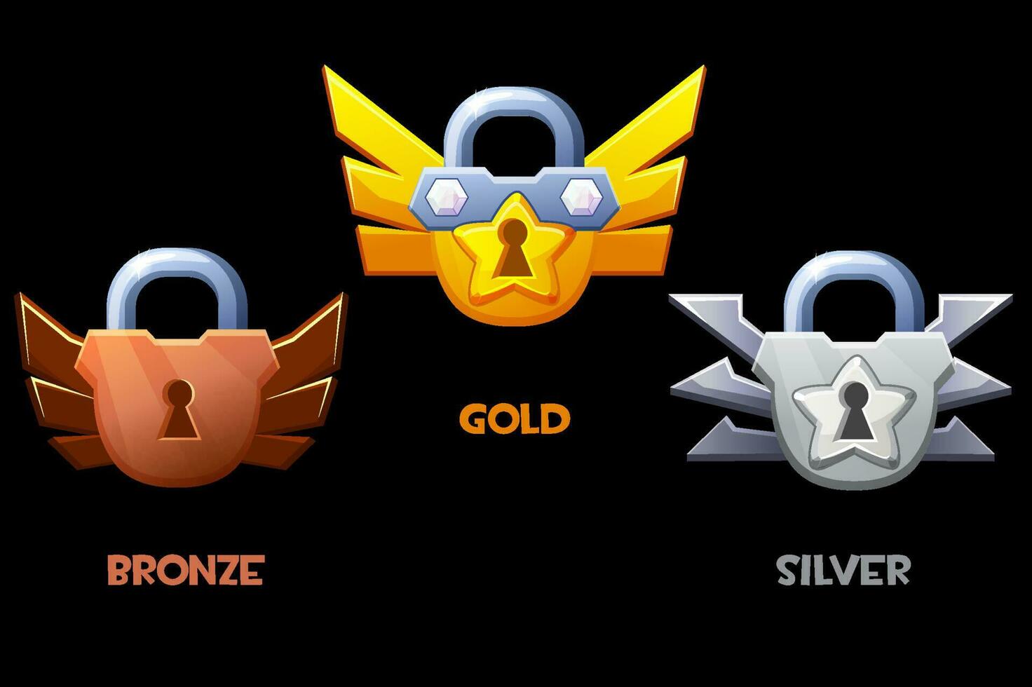 brons, silver- och gyllene hänglås. nivå symbol. tilldela spel ikoner vektor