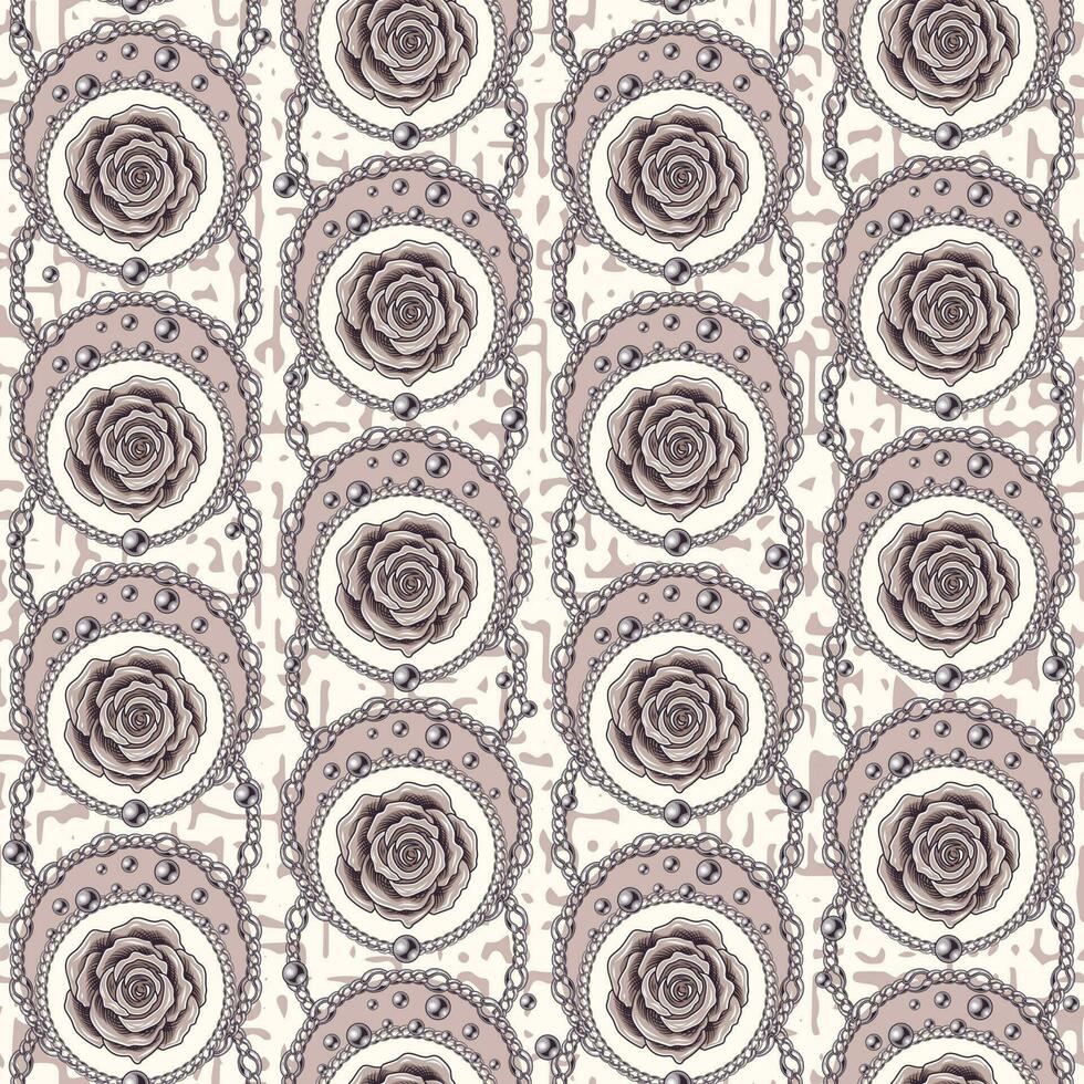 sömlös årgång sicksack mönster med rosor, cirklar, silver- kedja, pärlor. blommor inuti av cirklar. texturerad bakgrund. mode illustration. klassisk beige bakgrund. vektor illustration