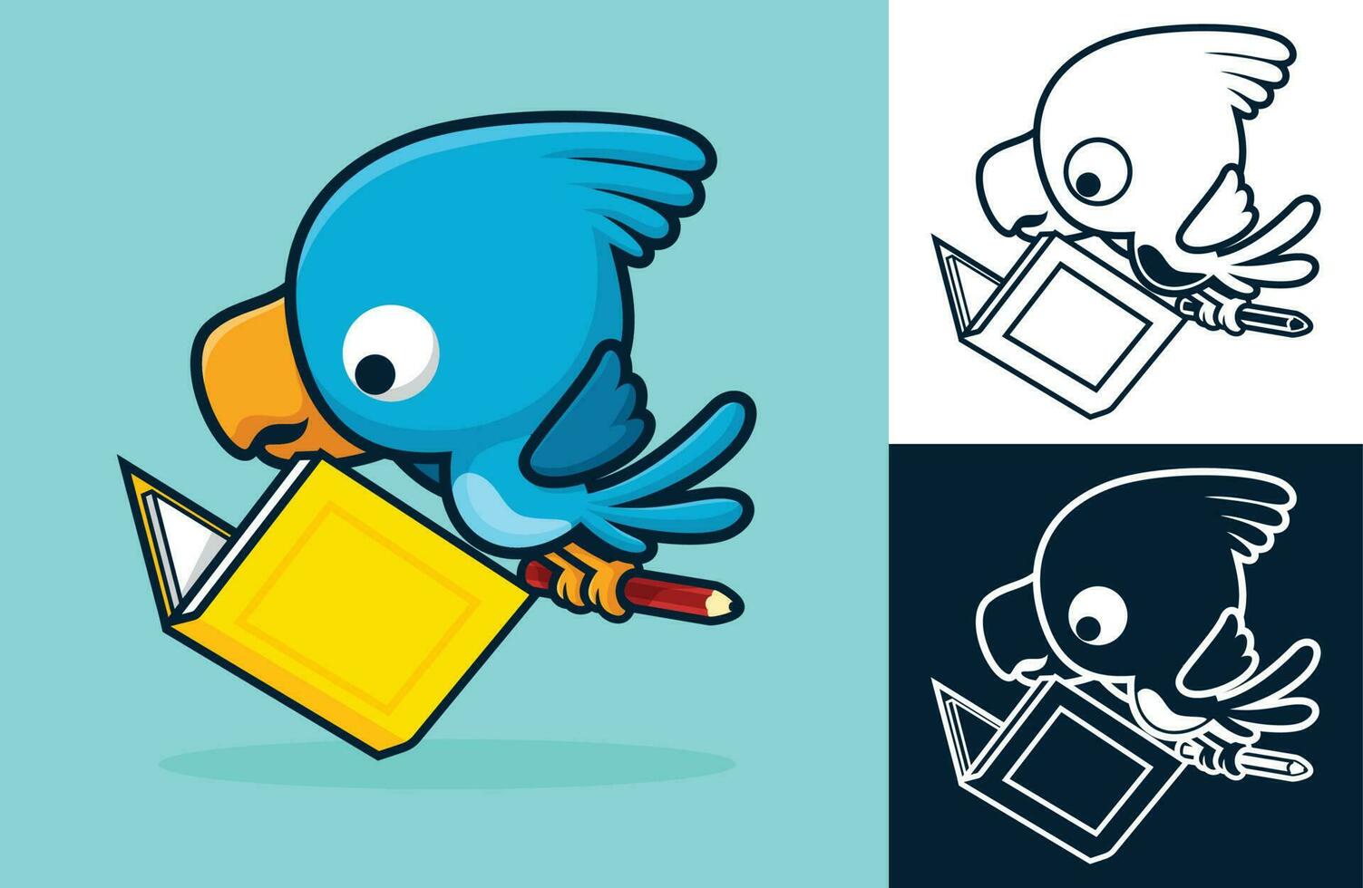 söt fågel läsning en bok medan bärande penna i dess fötter. vektor tecknad serie illustration i platt ikon stil