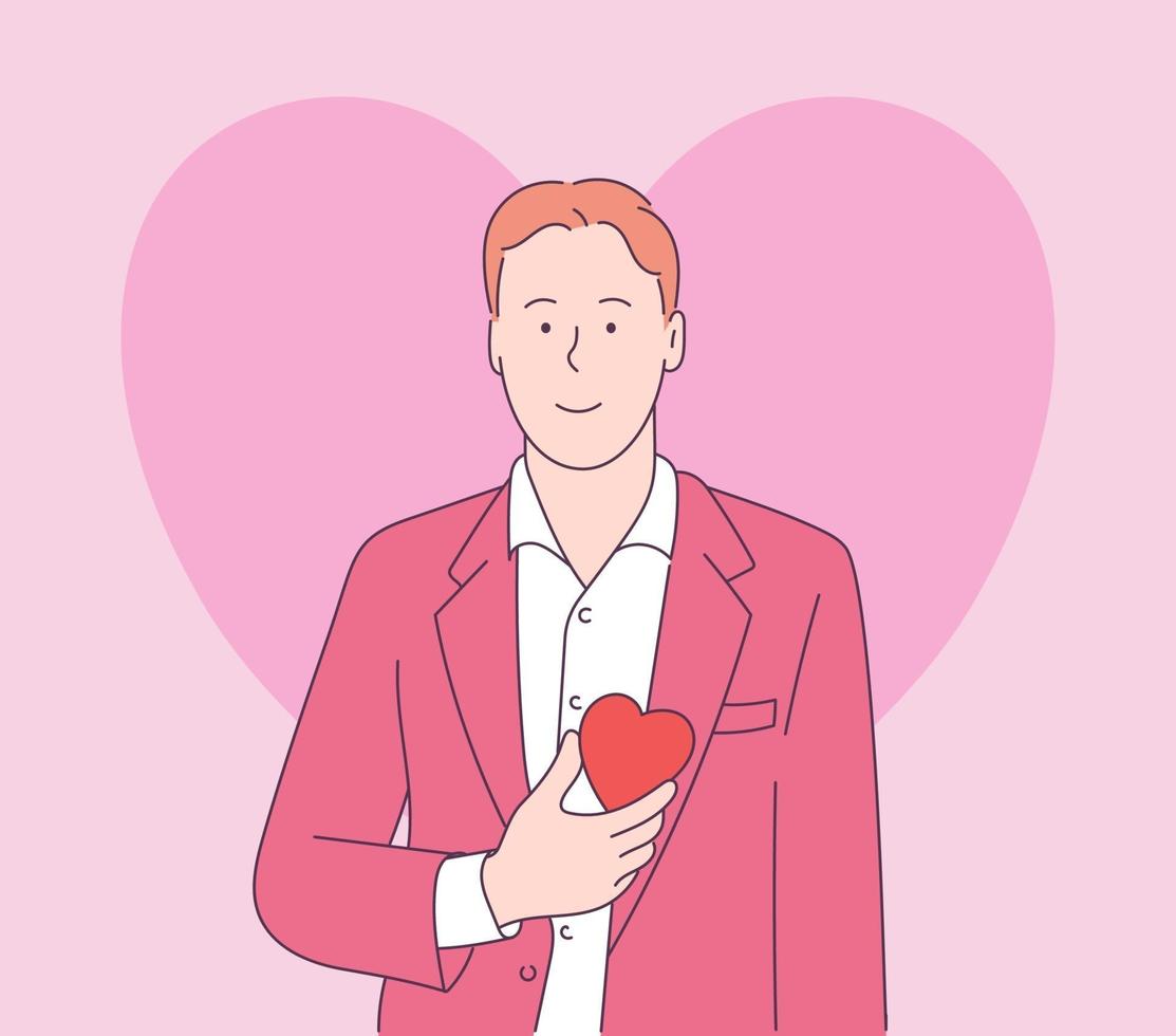 Liebesgeschichte oder Valentinstag Konzept. schöner lustiger glücklicher Mann in der Jacke und im weißen Hemd, die rote große Herzform halten. vektor