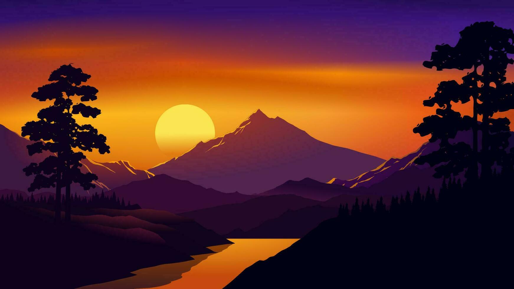 vektor dramatisk berg solnedgång illustration. flod i tall skog