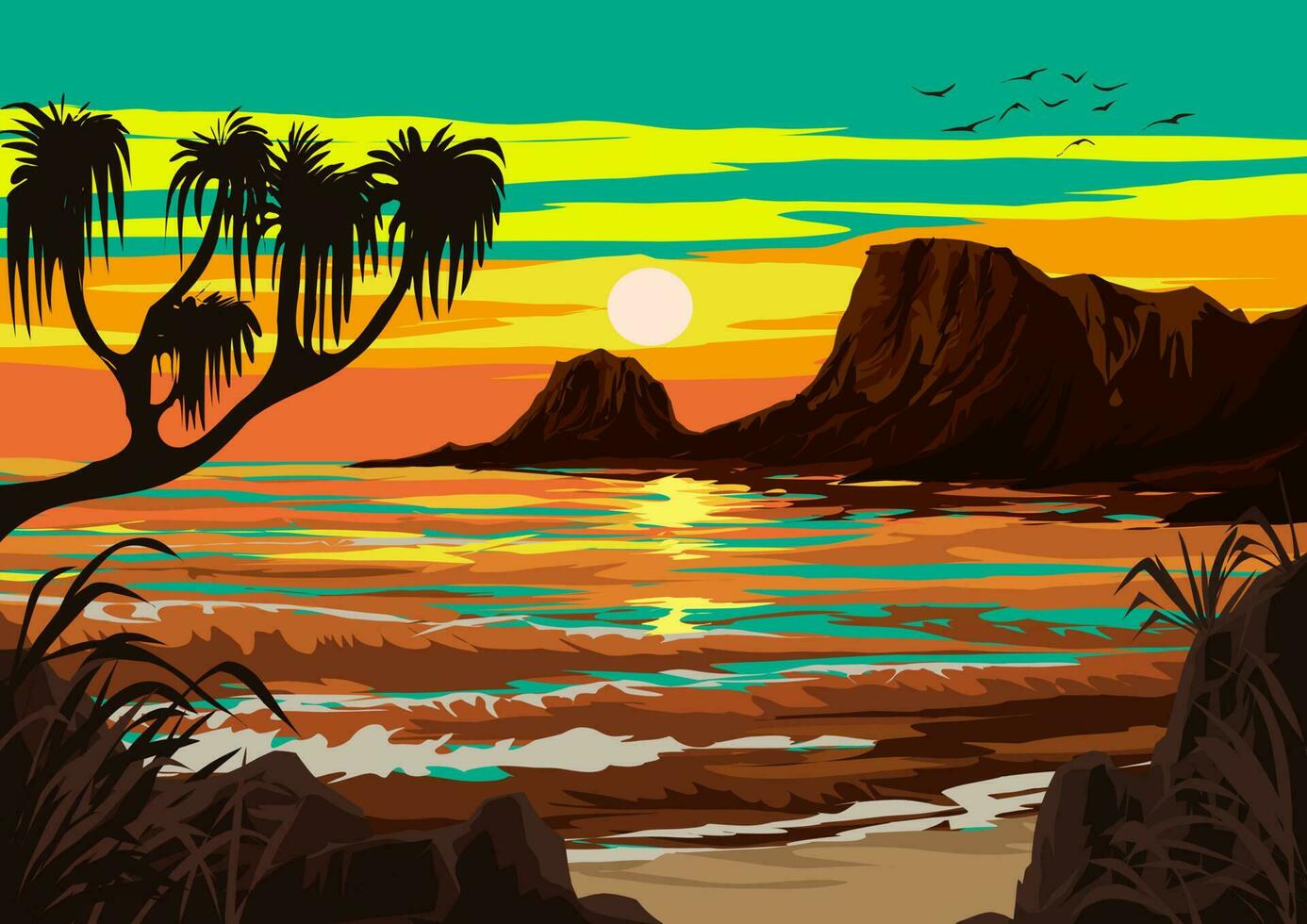 Vektor Strand Sonnenuntergang Illustration mit Hügel im Hintergrund