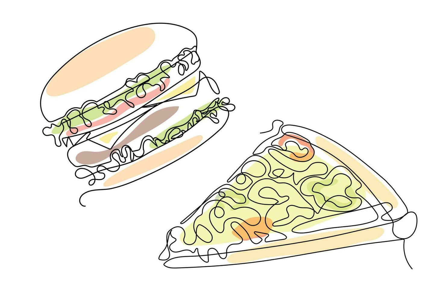 pizza och hamburgare i linje konst stil. snabb mat vektor illustration för meny, förpackning, Kafé, annorlunda design.