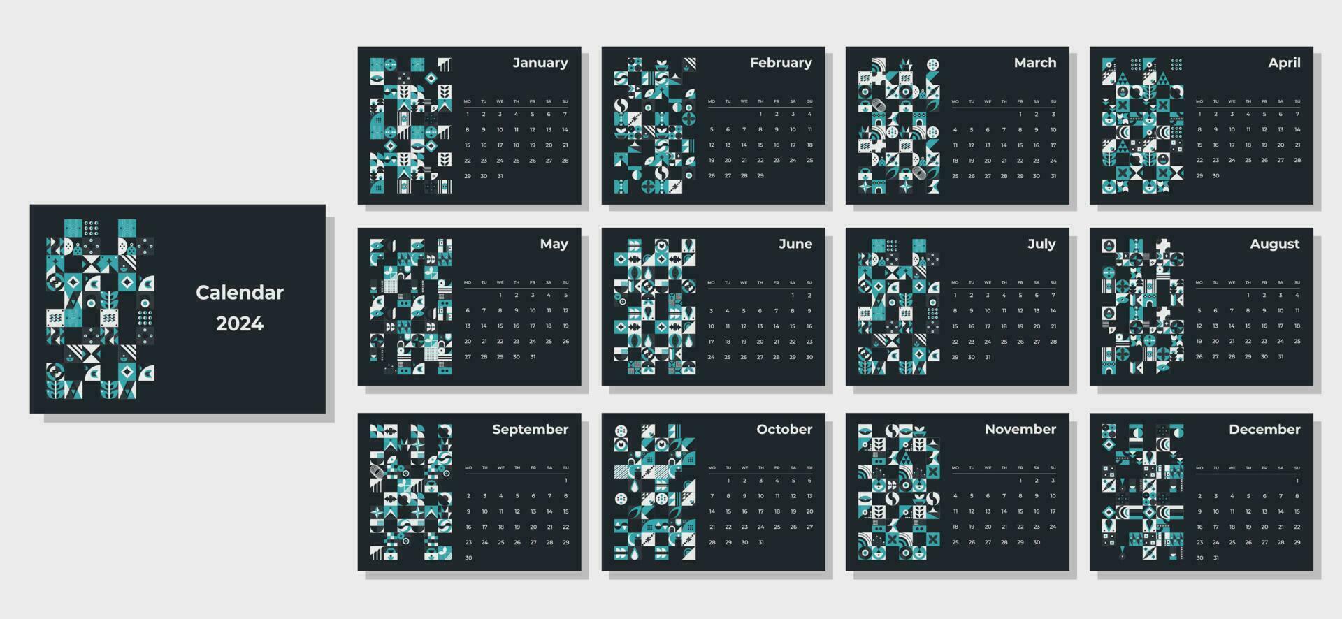 Kalender 2024 geometrisch Muster. monatlich Kalender Vorlage zum 2024 Jahr mit geometrisch Formen. vektor