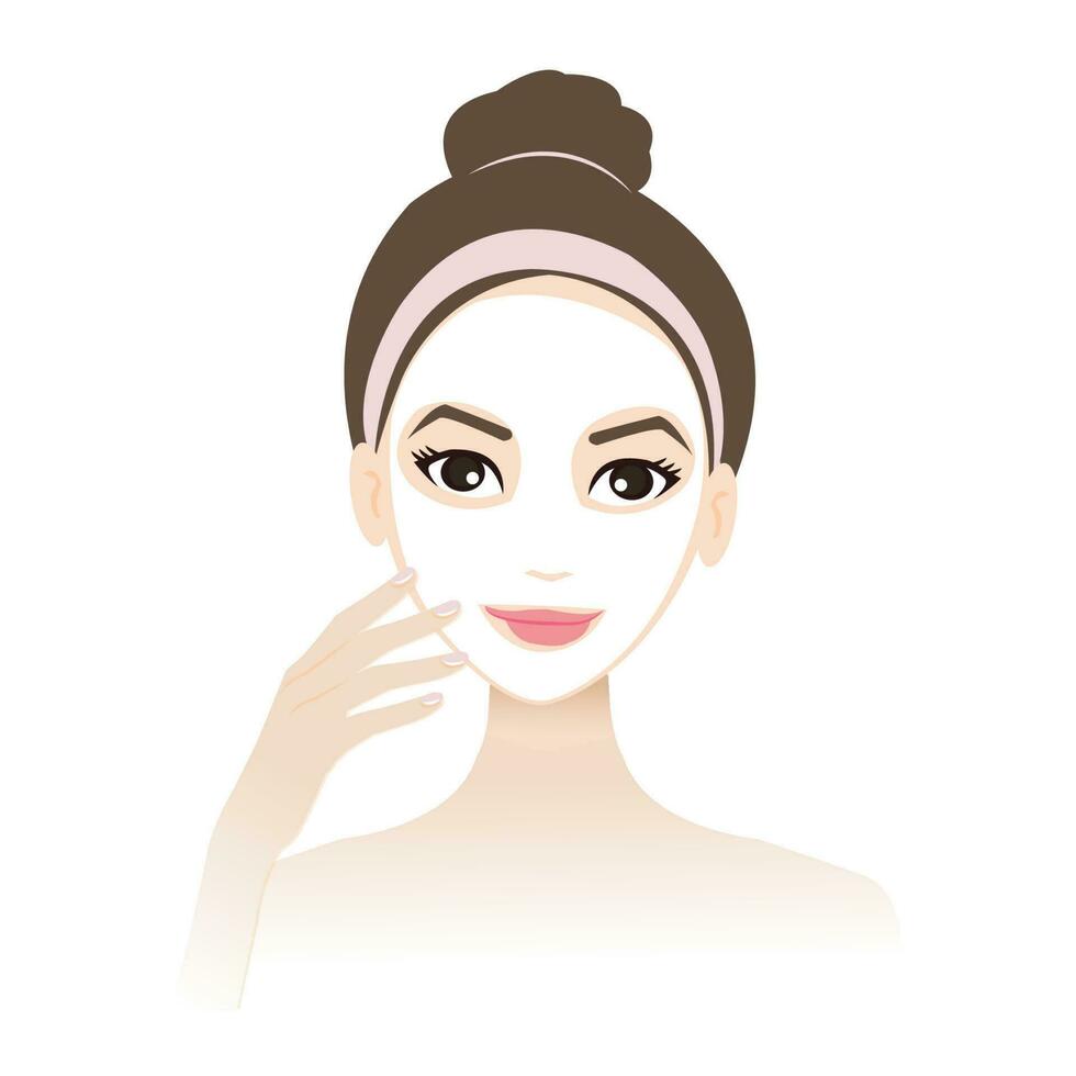Schönheit Behandlung Maske Vektor isoliert auf Weiß Hintergrund. das süß Frau anwenden Gesicht Maske auf ihr Haut. Gesicht Pflege Konzept Illustration.