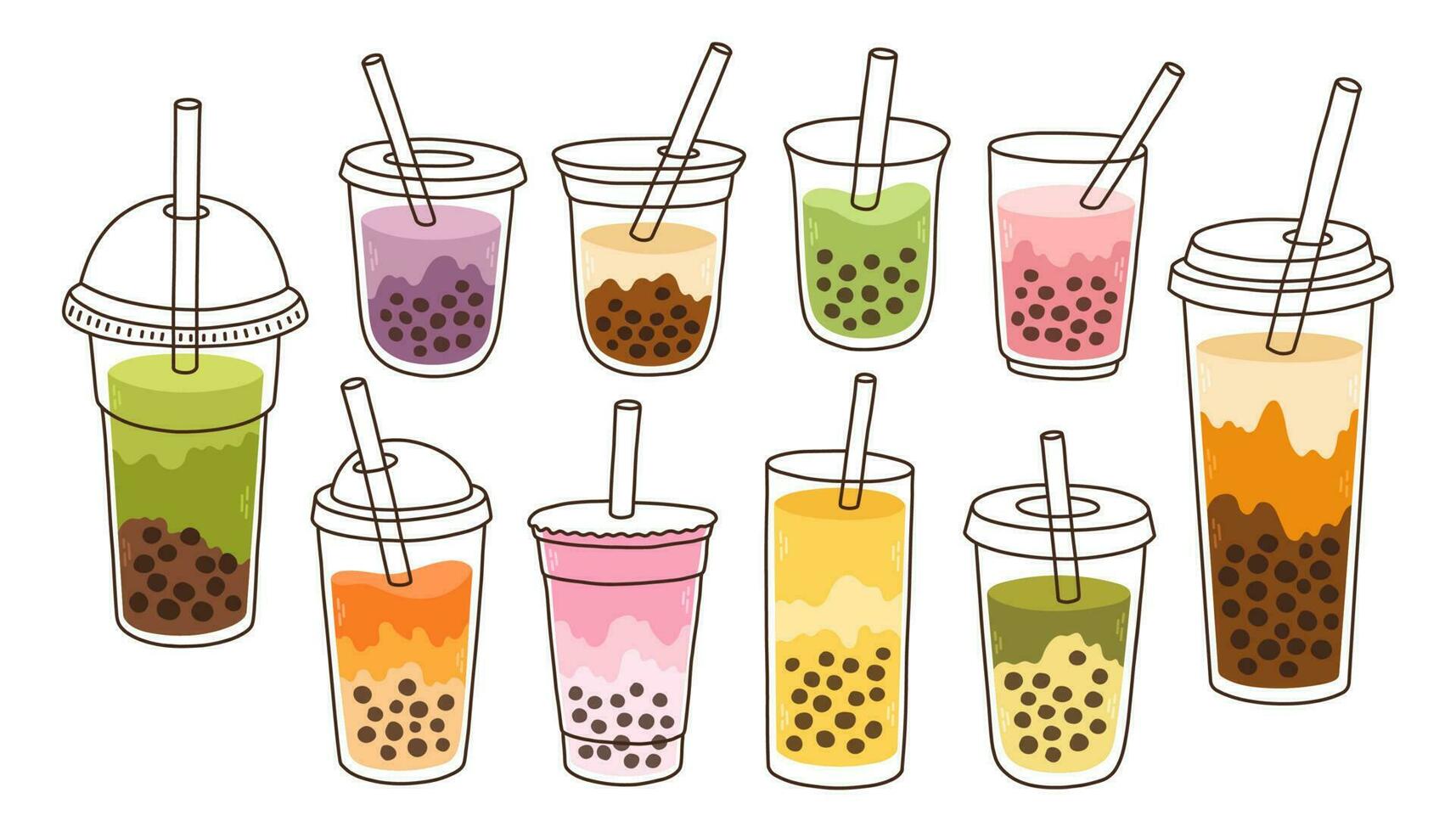 bubbla mjölk te uppsättning. mjölk te med tapioka pärlor. boba te. asiatisk taiwanese dryck. hand dragen färgad trendig vektor. vektor