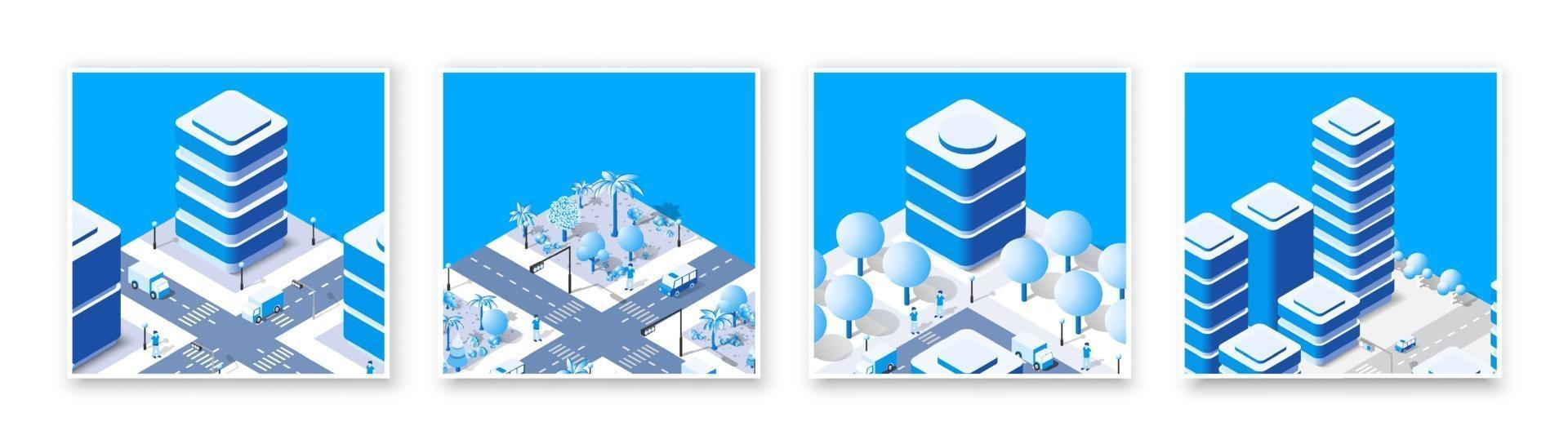 isometrischer Satz 3d Modulblockbezirksteil der Stadt mit einer Straßenstraße von der städtischen Infrastruktur der Vektorarchitektur. moderne weiße Illustration für Spieldesign und Geschäftshintergrund vektor