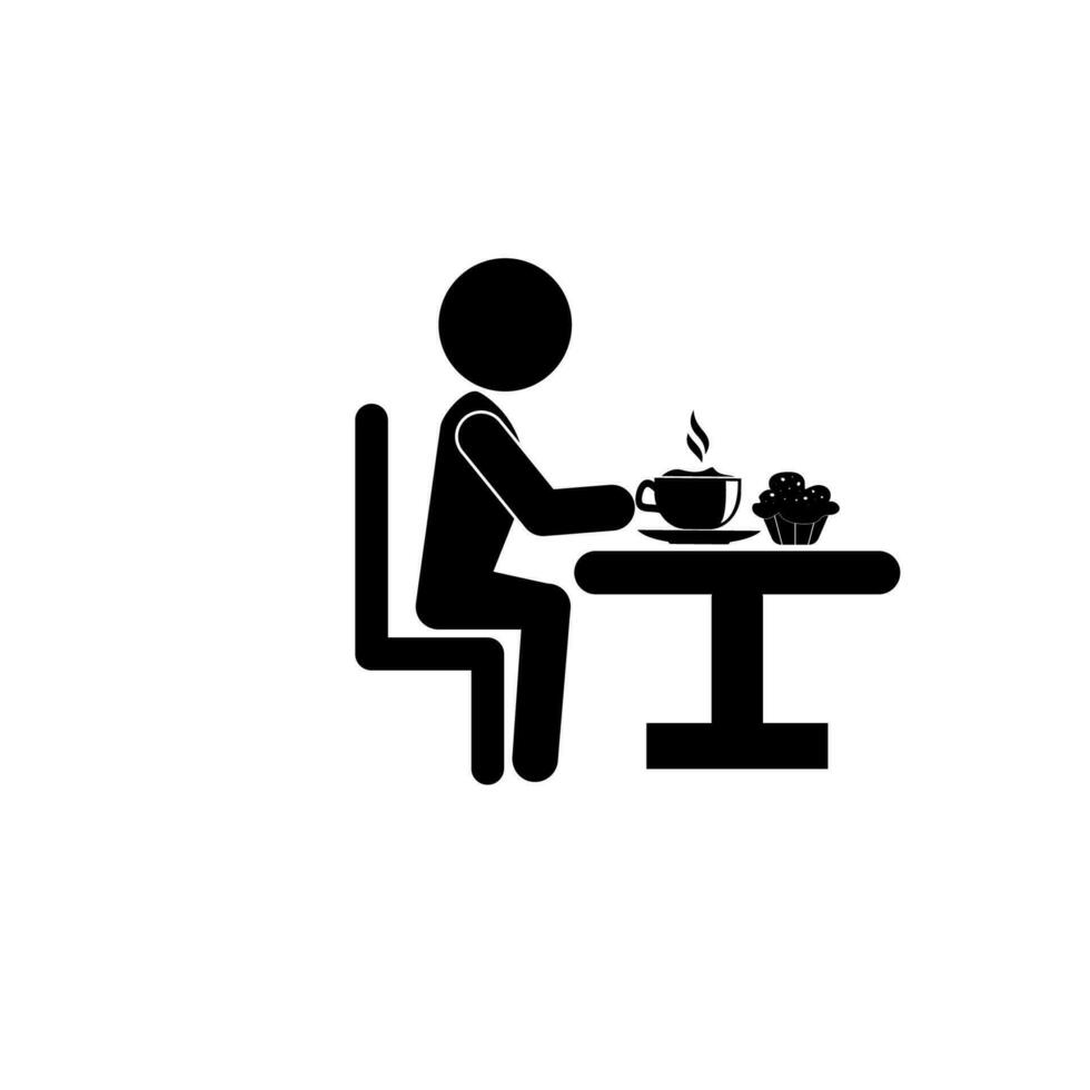 man på de tabell med en kopp av te och kaka vektor ikon illustration