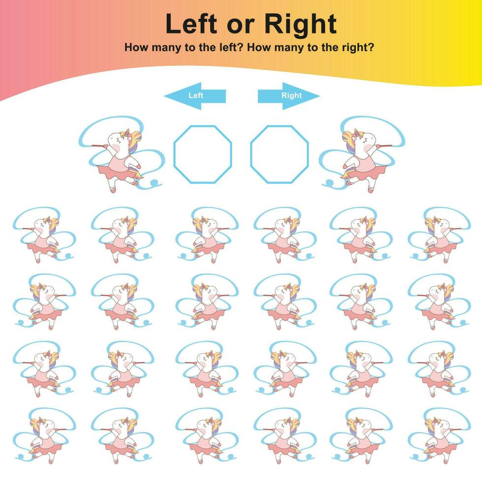 mathematisch Aktivität Buchseite. Berechnung und schreiben das Ergebnis. links oder richtig Arbeitsblatt zum Kinder. Zählen Einhörner. lehrreich druckbar Mathematik. Vektor Datei.