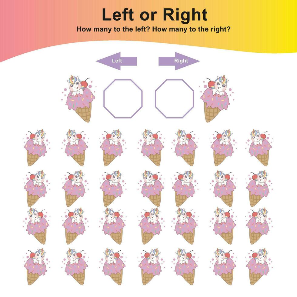 mathematisch Aktivität Buchseite. Berechnung und schreiben das Ergebnis. links oder richtig Arbeitsblatt zum Kinder. Zählen Einhörner. lehrreich druckbar Mathematik. Vektor Datei.