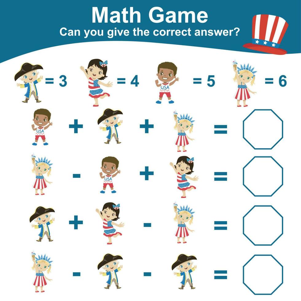 matematiskt räkning arbetsblad. matematik aktivitet, räkna och skriva de svar. pedagogisk tryckbar matematik kalkylblad för barn. vektor fil.