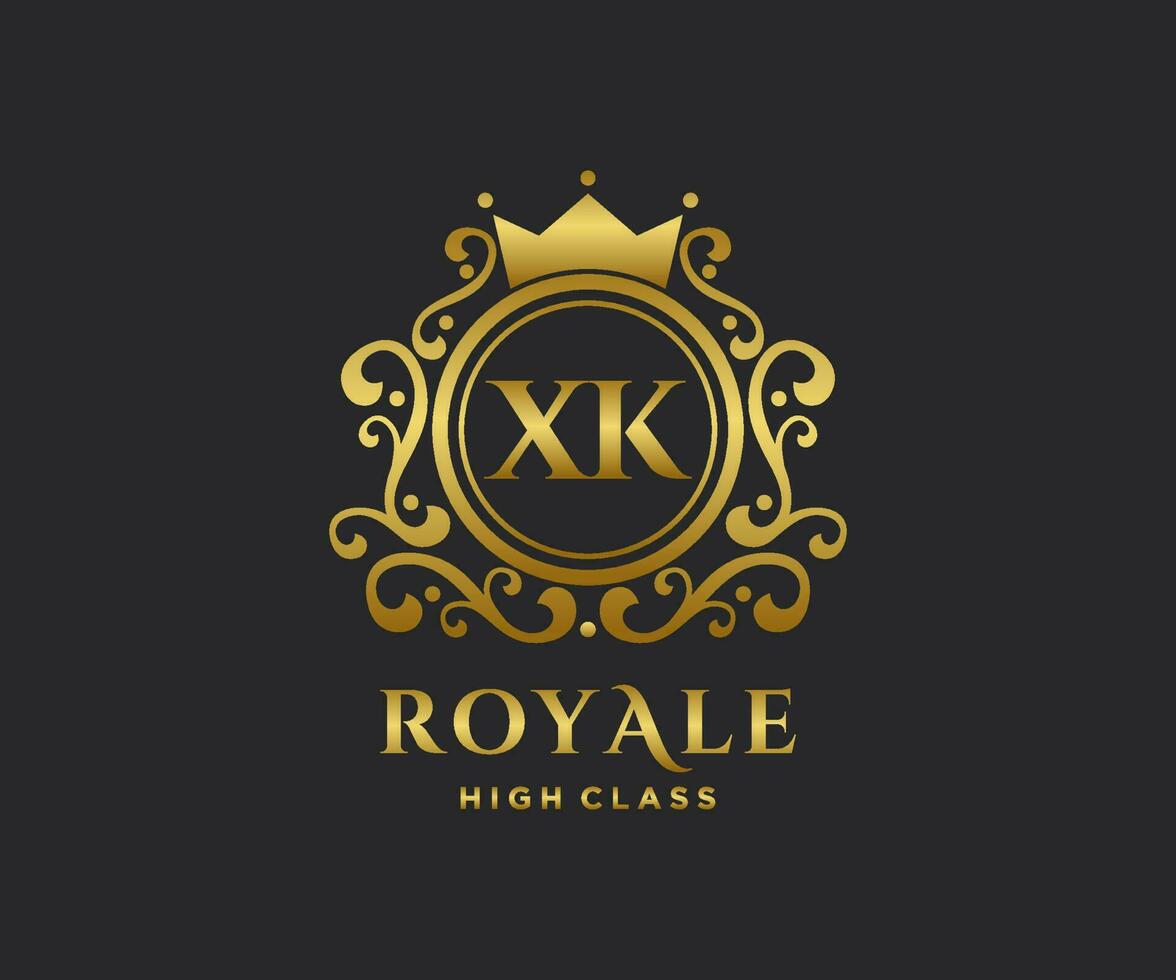 gyllene brev xk mall logotyp lyx guld brev med krona. monogram alfabet . skön kunglig initialer brev. vektor