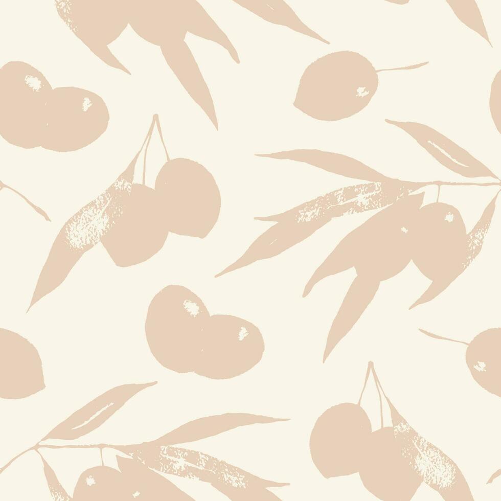 Oliven Silhouetten nahtlos patten. Olive Geäst Blätter und Beeren Beige botanisch Hintergrund Design zum Verpackung Papier, Textil, Paket, natürlich Kosmetika. vektor