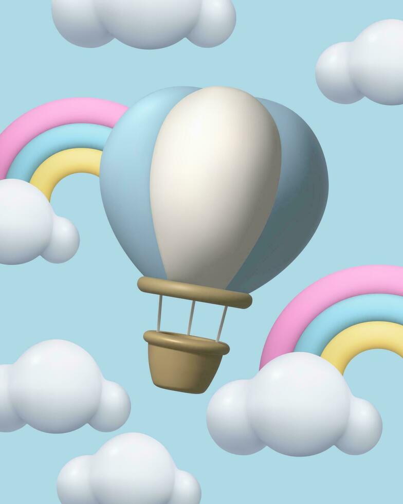 fliegend 3d heiß Luft Ballon mit Karikatur Wolken und Regenbögen. süß realistisch Vektor Illustration Satz. Abenteuer, Reisen Konzept. drei dimensional realistisch Lehm Design Element im Pastell- Farben