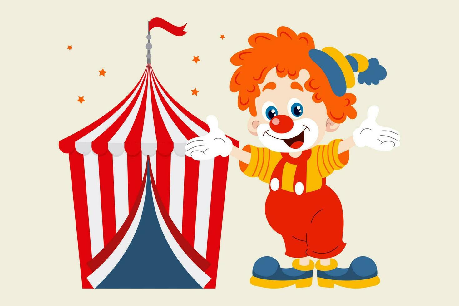 glad clown inviterar till de cirkus. söt clown och cirkus stor topp. färgrik tecknad serie illustration, vektor