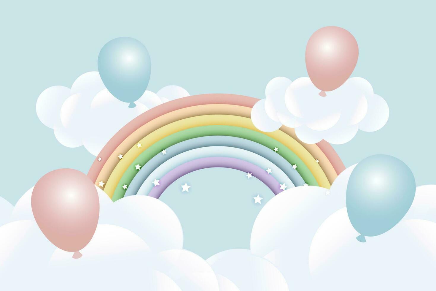 3d Baby Dusche, Regenbogen mit Wolken und Luftballons auf ein blass Blau Hintergrund, kindisch Design im Pastell- Farben. Hintergrund, Illustration, Vektor. vektor