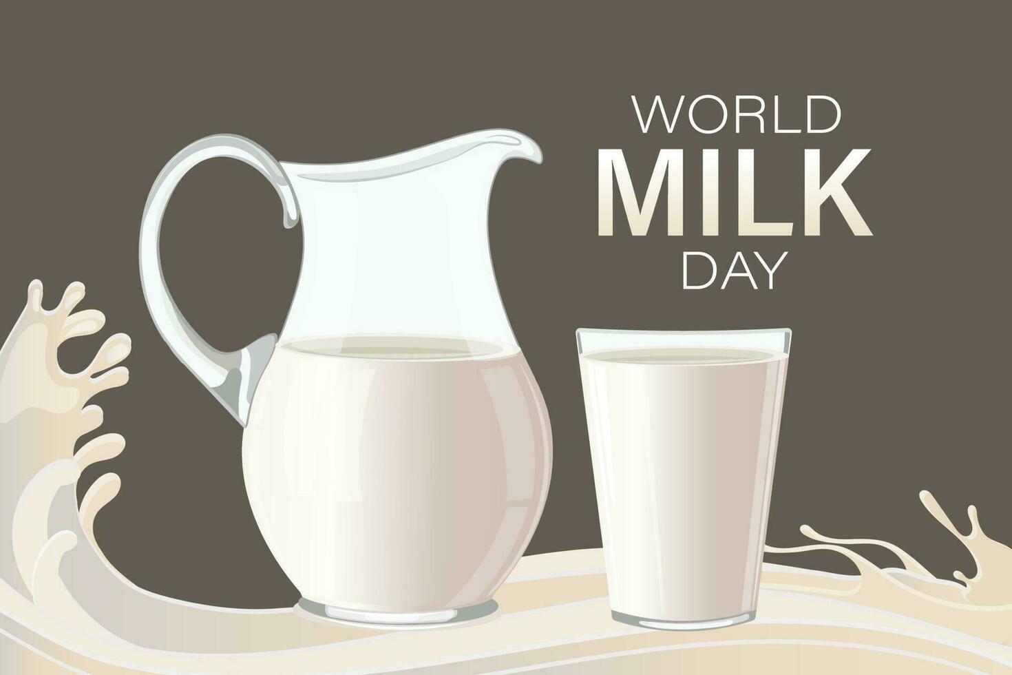 affisch för värld mjölk dag med kanna och glas av mjölk på brun bakgrund. baner, vektor