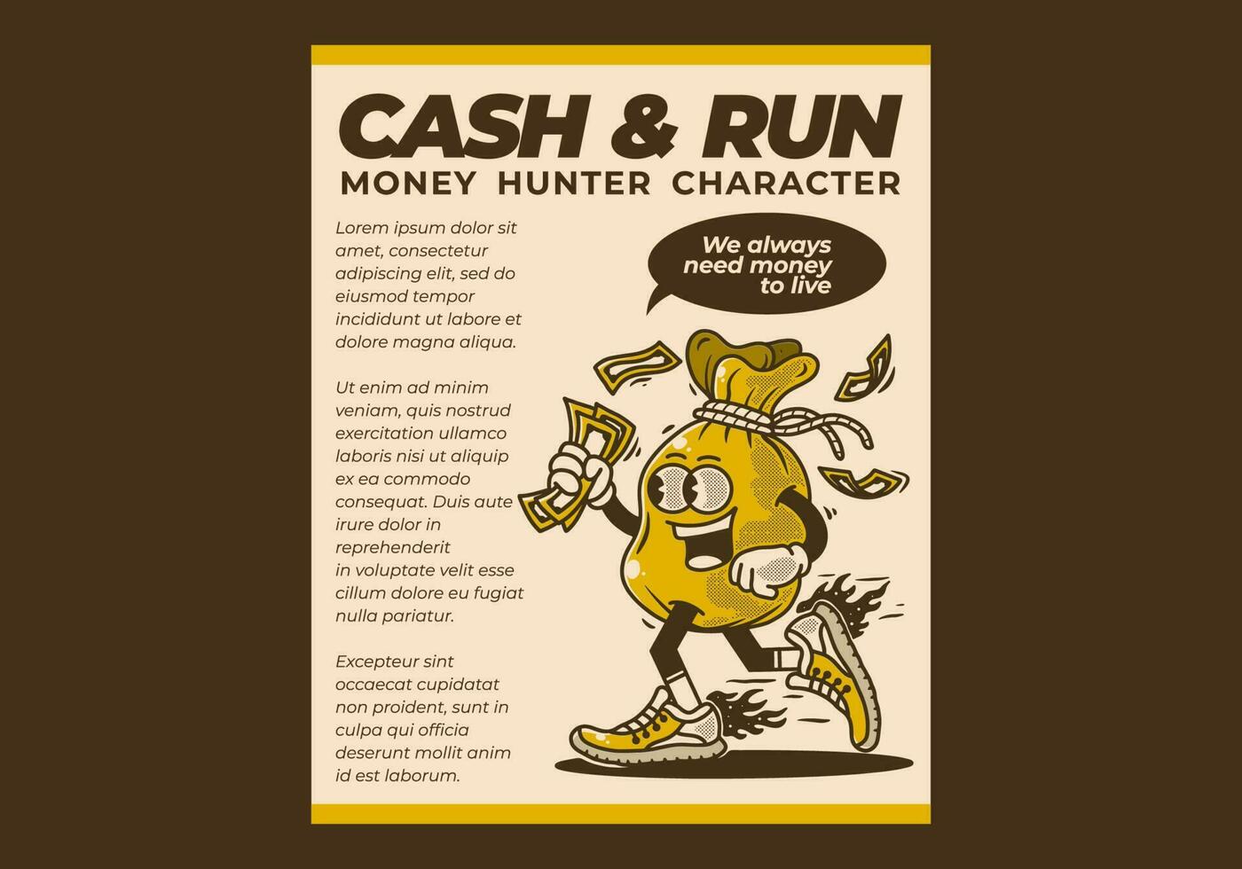 Flyer Design von ein Charakter Design von Geld Tasche vektor