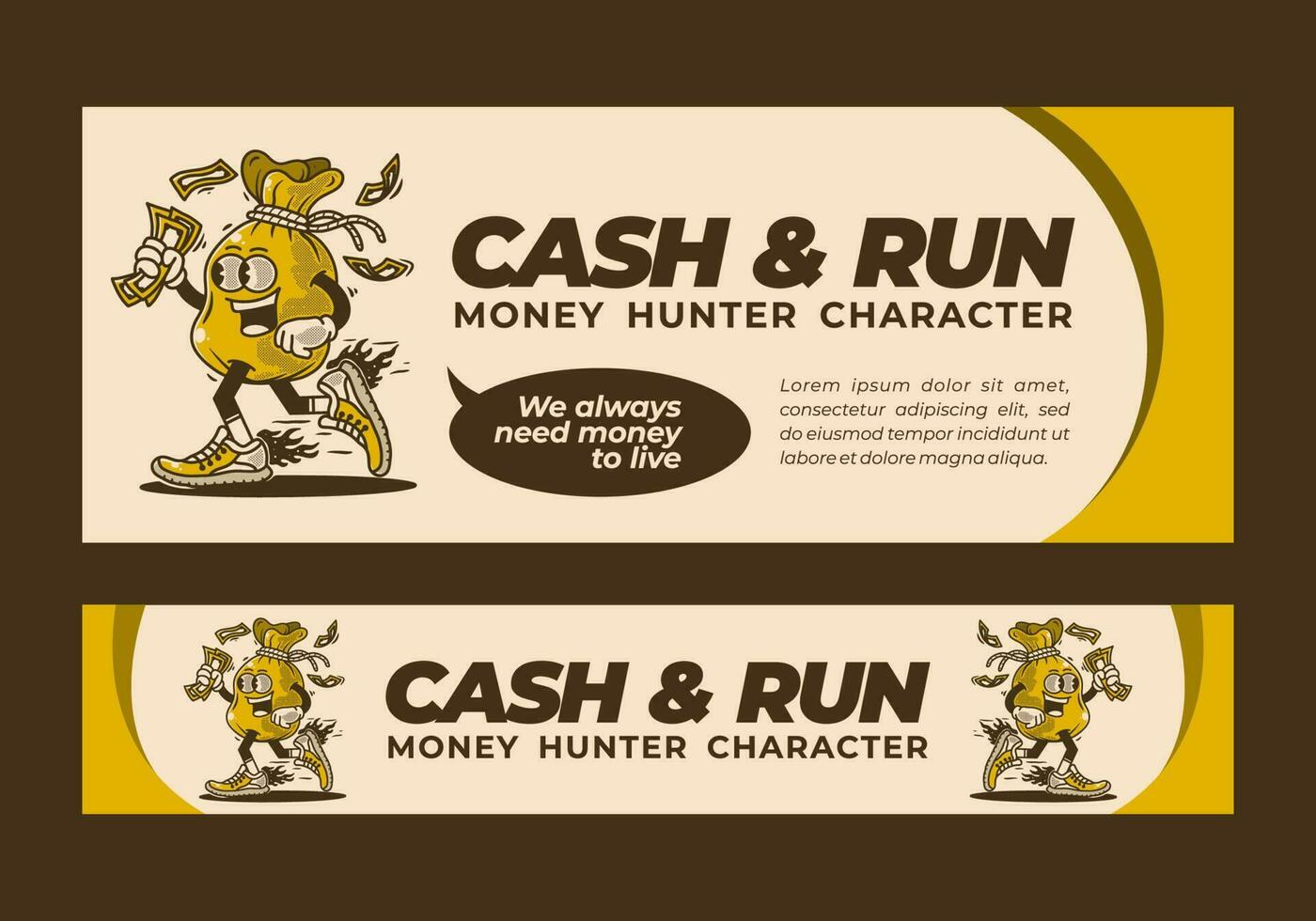 Banner Design von ein Charakter Design von Geld Tasche vektor