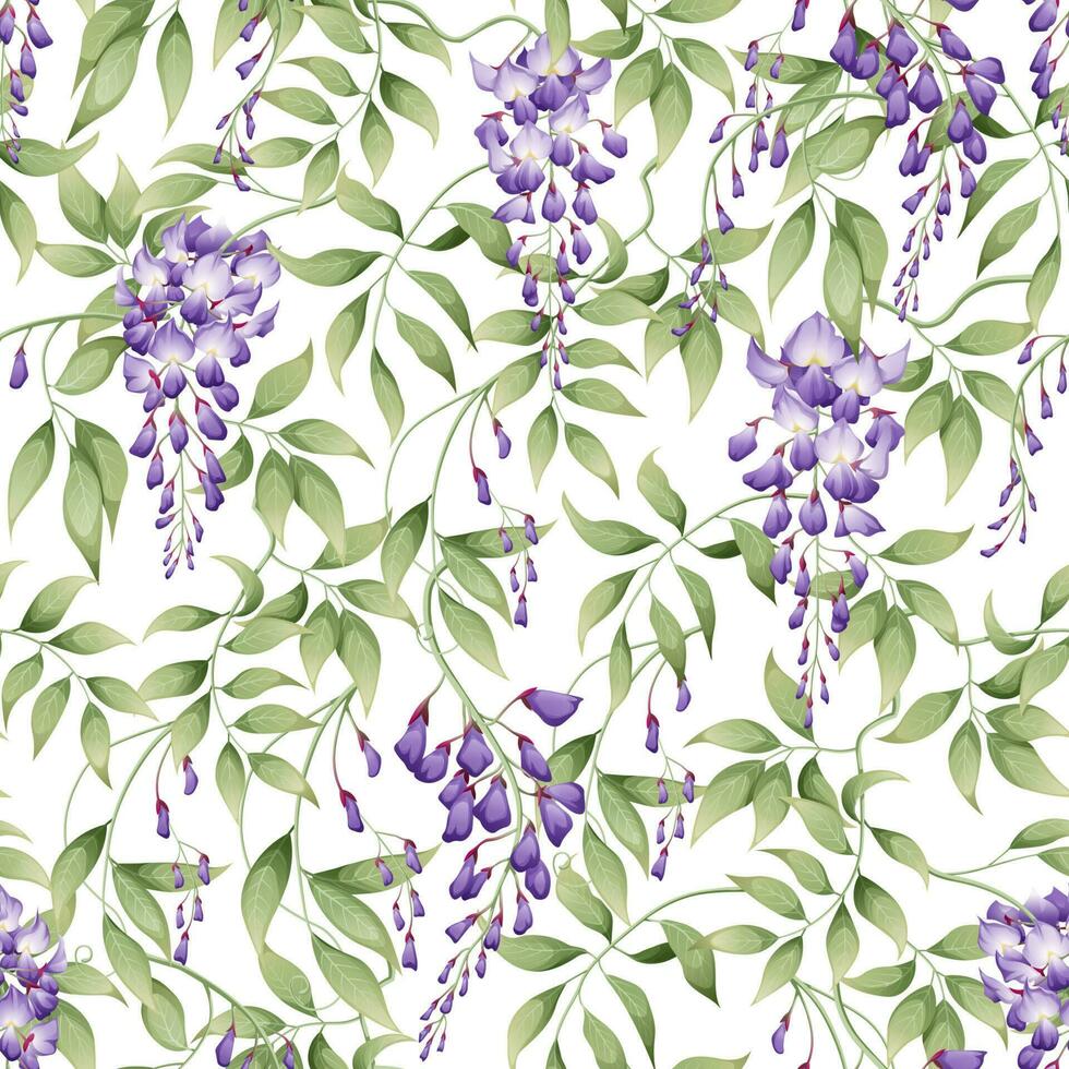 sömlös mönster med lila blåregn och grön löv på en vit bakgrund. bra för textil, tyg, omslag papper, tapet. vektor